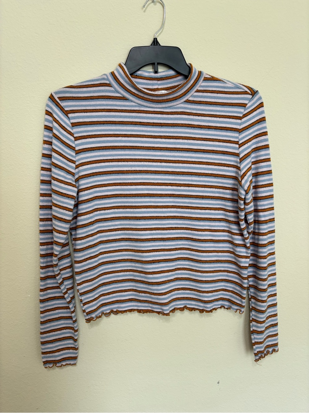 Candie's Striped Ribbed Mock Neck Long Sleeve Top in Light Blue & Brown